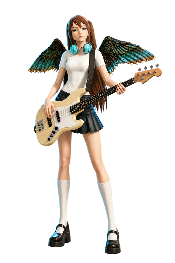 A BandMaster Global player character with headphones and a bass guitar.