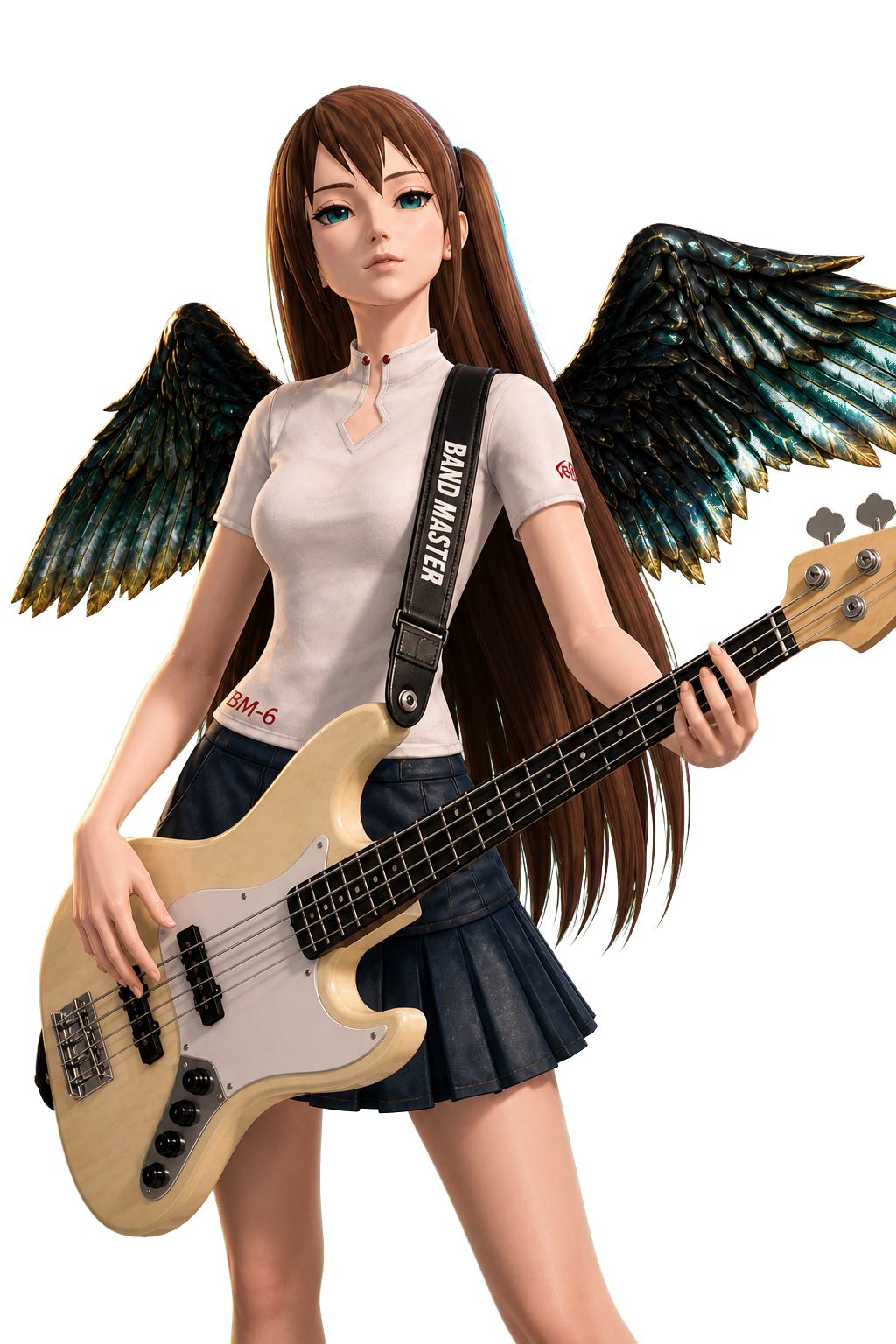A customised BandMaster Global character holding a bass guitar, wearing feathered wings and a band strap.