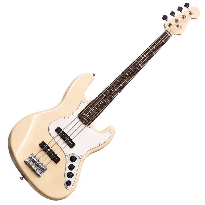A cream-bodied four-string electric bass.