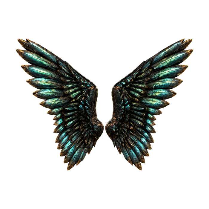 A pair of iridescent feathered stage wings.
