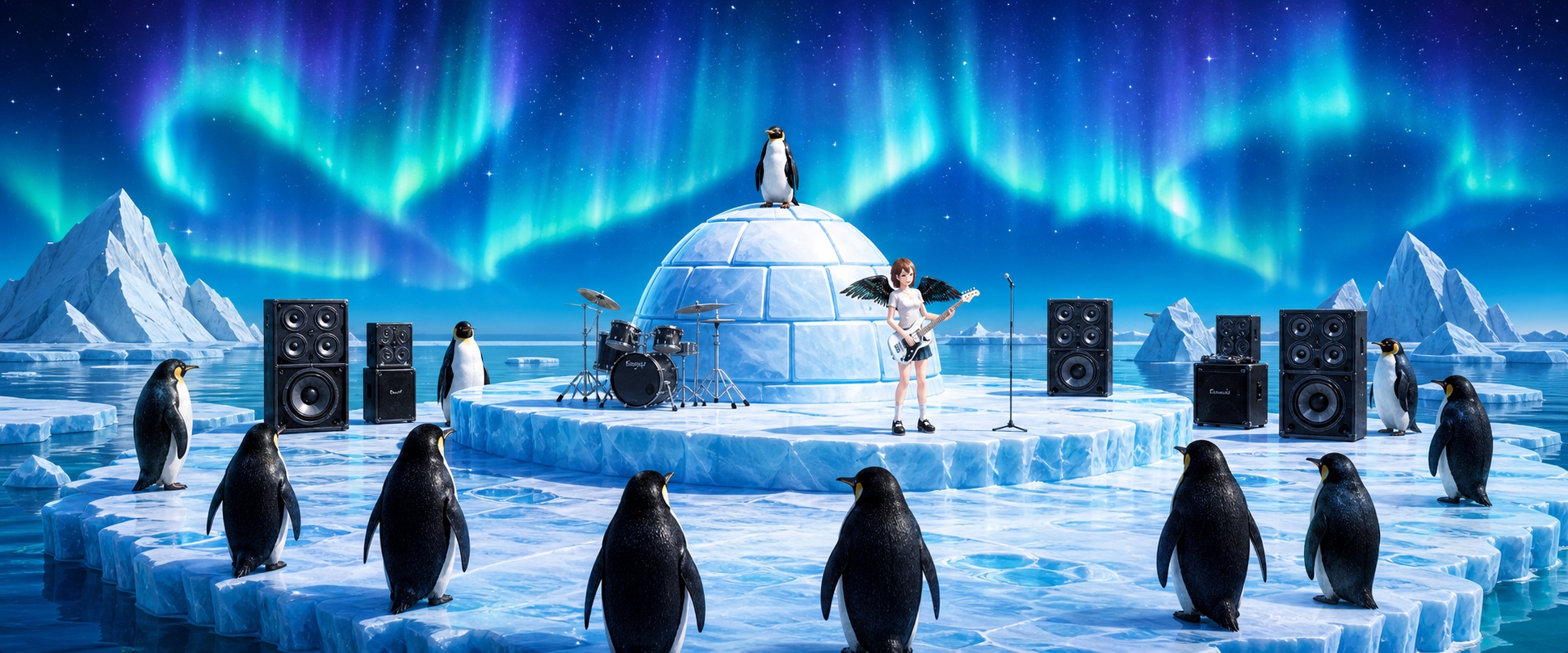 Antarctic — a stage set up on an ice floe beside an igloo, with penguins in the audience.